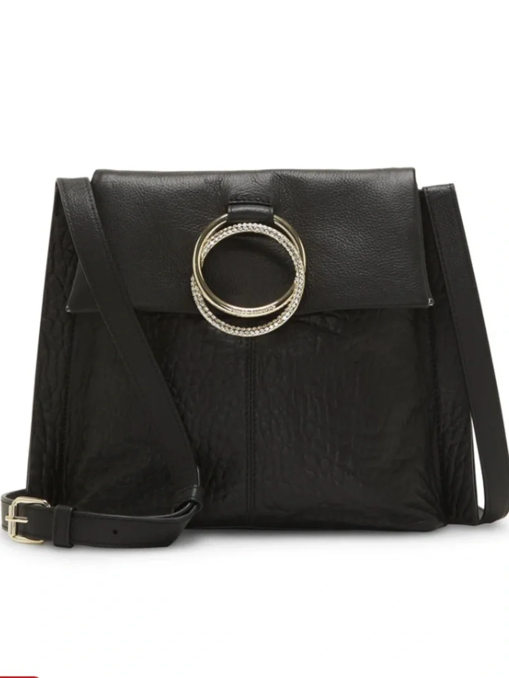 Vince Camuto Livy Large Crossbody Black Leather Bag with Silver Ring Accent